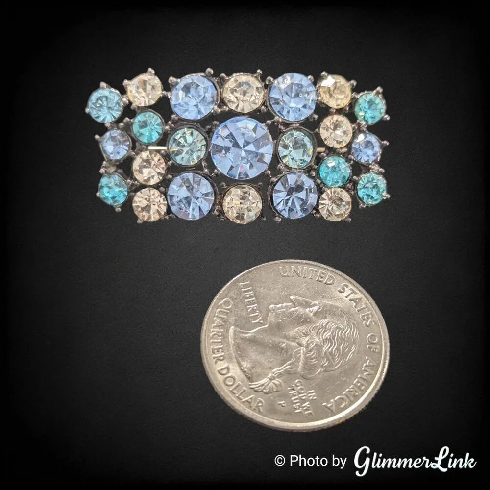 Vintage Blue Aqua Rhinestone Brooch Black Tone Pin